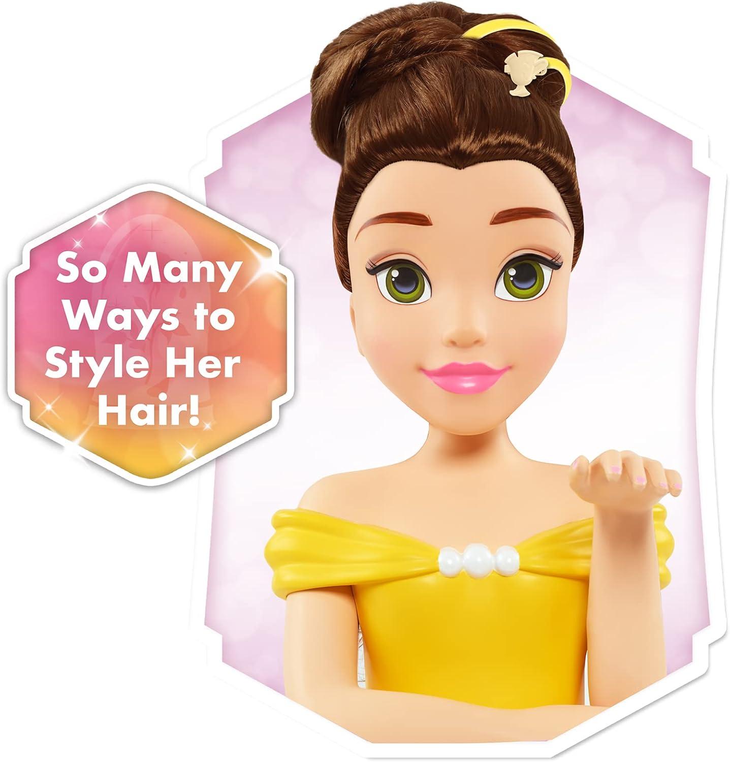 imageDisney Princess Deluxe 14inch Belle Styling Head with 12 Hair Styling Accessories 13pieces Kids Toys for Ages 3 Up by Just Play