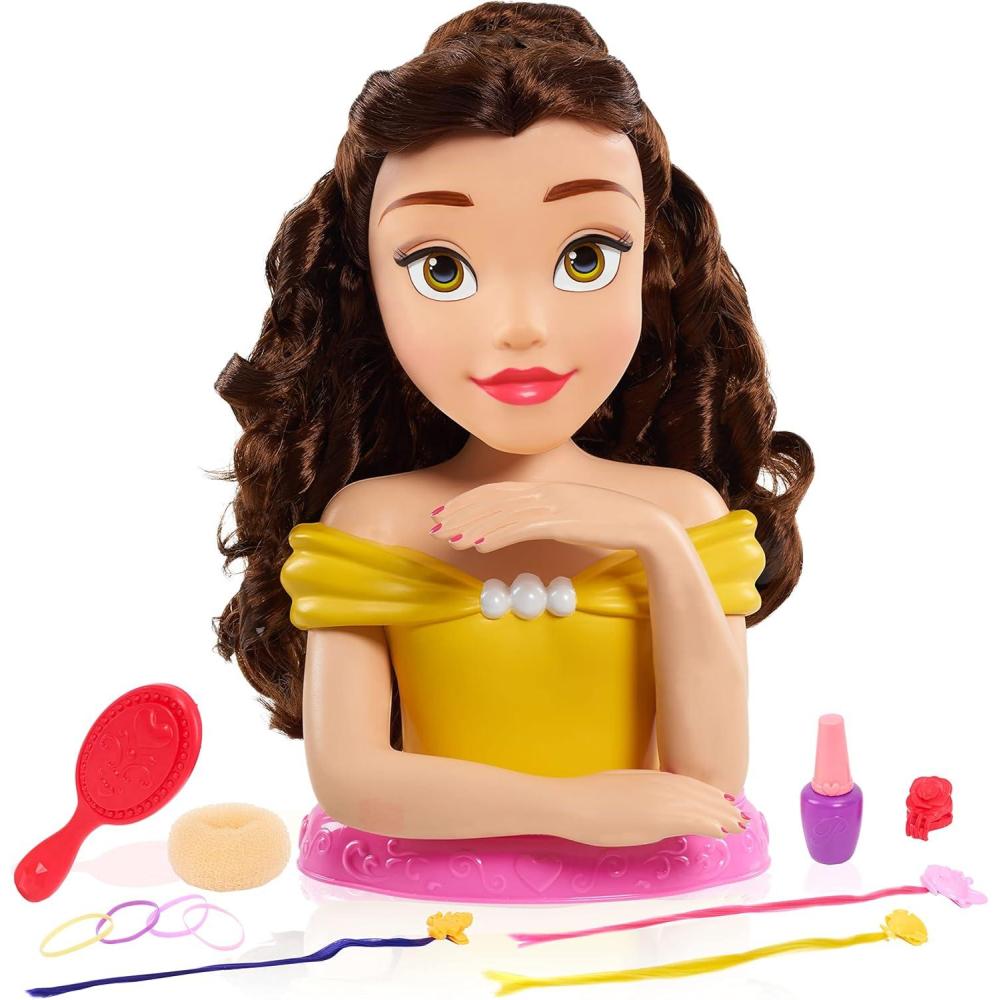 imageDisney Princess Deluxe 14inch Belle Styling Head with 12 Hair Styling Accessories 13pieces Kids Toys for Ages 3 Up by Just Play