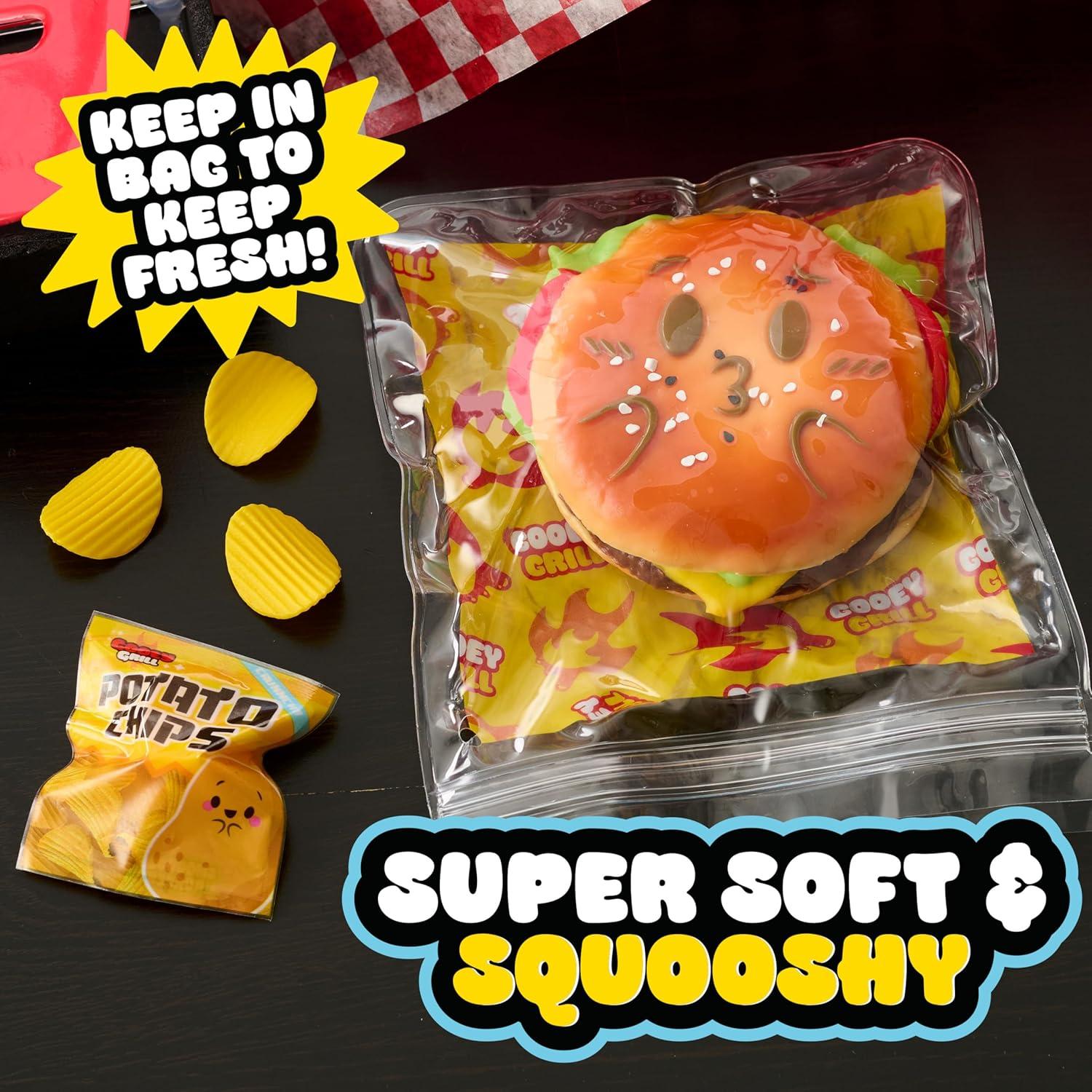 imageJust Play Ooey Gooey Gooey Grill Smooosh Burger Set with Toppings Super Soft and Squishy Play Food Fidget and Sensory Toy for Kids Girls Boys Ages 3 and Up