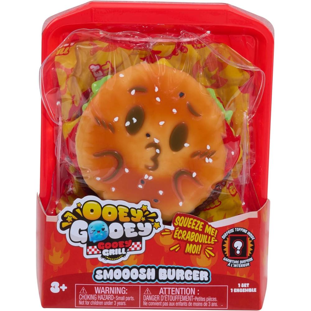 imageJust Play Ooey Gooey Gooey Grill Smooosh Burger Set with Toppings Super Soft and Squishy Play Food Fidget and Sensory Toy for Kids Girls Boys Ages 3 and Up