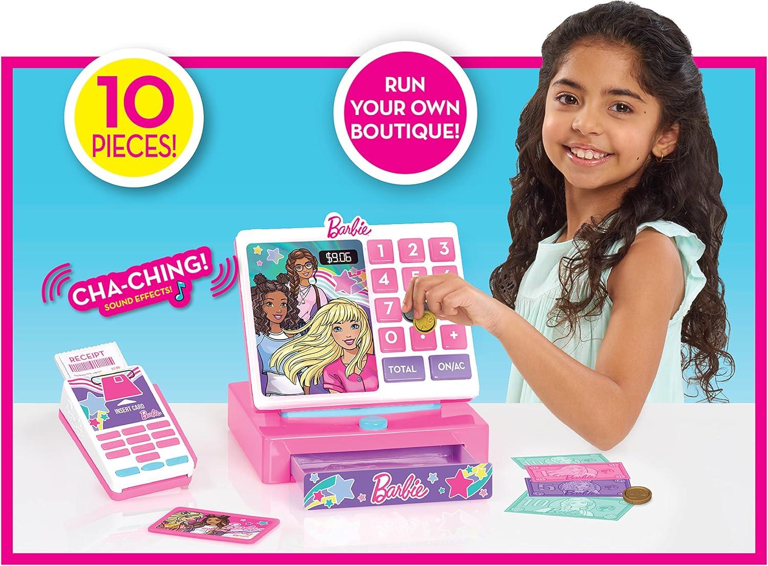 imageJust Play Barbie Trendy Cash Register with Sounds Pretend Money and Credit Card Reader 9 Piece Playset Kids Toys for Ages 3 Up