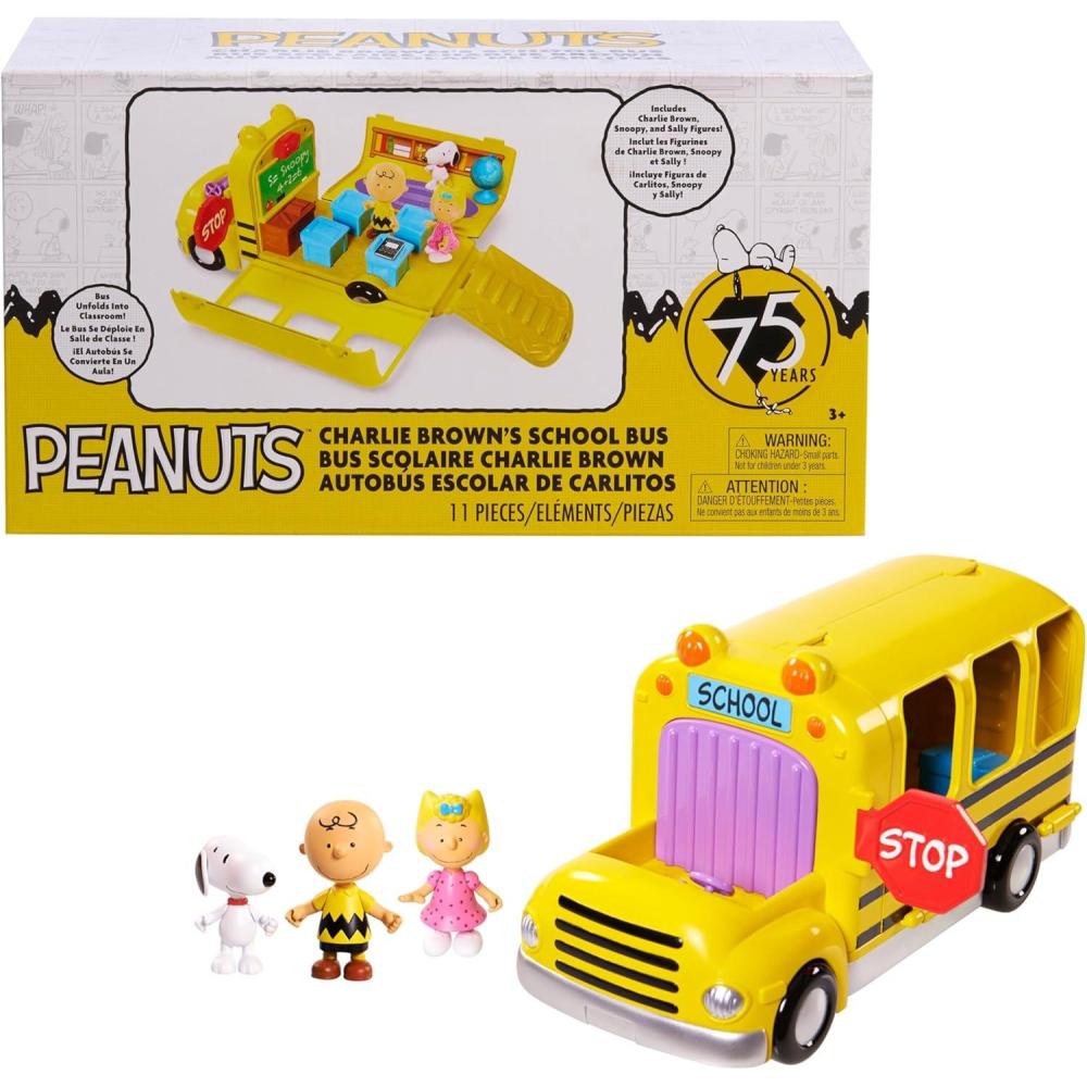 image:imagePeanuts Charlie Browns Interactive School Bus Toy 11Pieces Includes Charlie Brown Sally and Snoopy Figures Toy for Fans Boys Girls Kids Ages 3 and Up