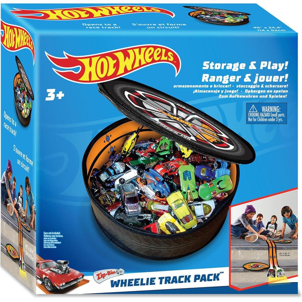image:imageHot Wheels Tara Toy ZipBin Wheelie Track Pack  Unzips Into A Racetrack Mat Holds 100 Toy Cars Storage amp Play Circle Tire Design Kids Ages 3