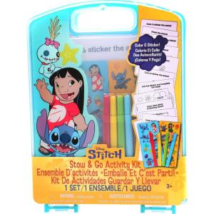Disney Stitch Stow & Go Activity Kit – 17-Piece Travel Art Set with Coloring Sheets, Crayons, Stickers & Carrying Case – Preschool Creative Kit for Ages 3+(Stitch)