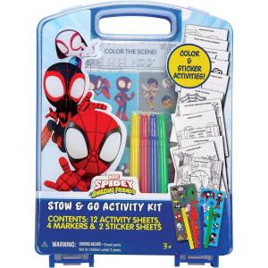 Disney Stitch Stow & Go Activity Kit – 17-Piece Travel Art Set with Coloring Sheets, Crayons, Stickers & Carrying Case – Preschool Creative Kit for Ages 3+(Spidey)