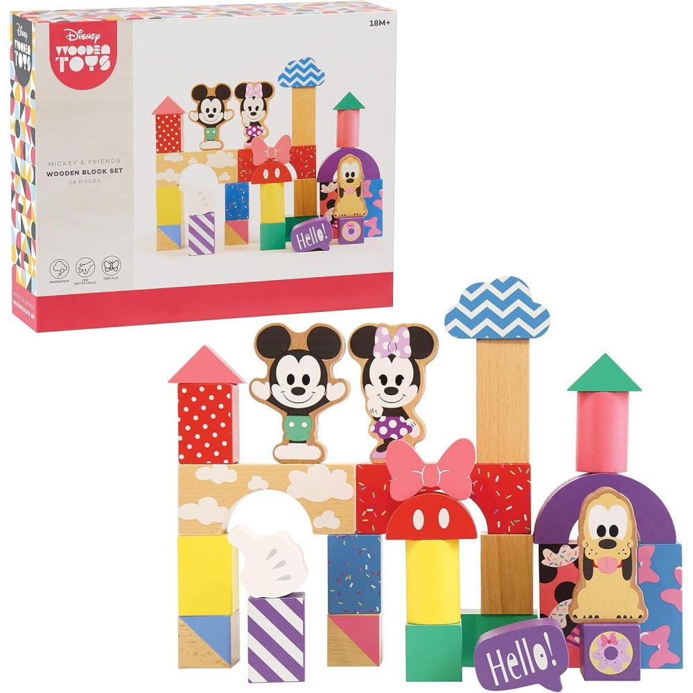 image:imageJust Play Disney Wooden Toys Mickey Mouse amp Friends Block Set 28Piece Set Includes Mickey Mouse Minnie Mouse and Pluto Kids Toys for Ages 18 Month